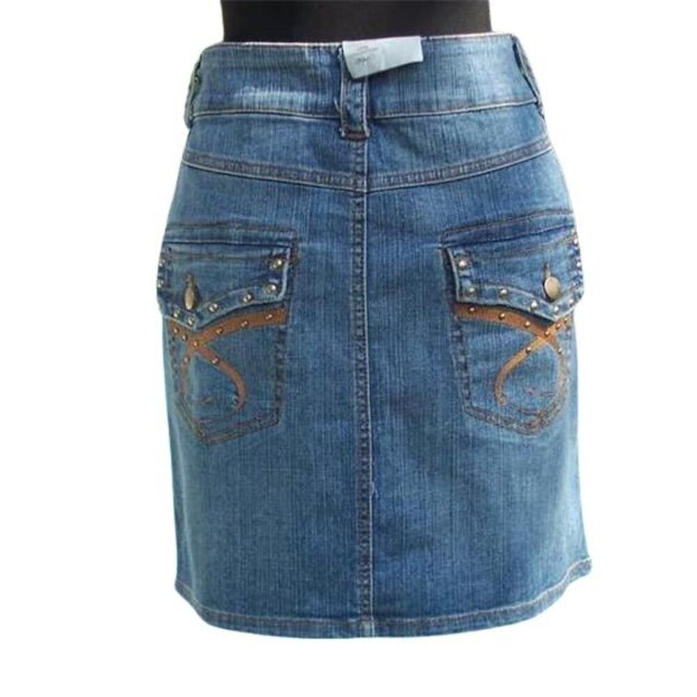 Cache Denim Stud Embroidery Embellished Back Pockets Skirt New Stretch $98 NWT